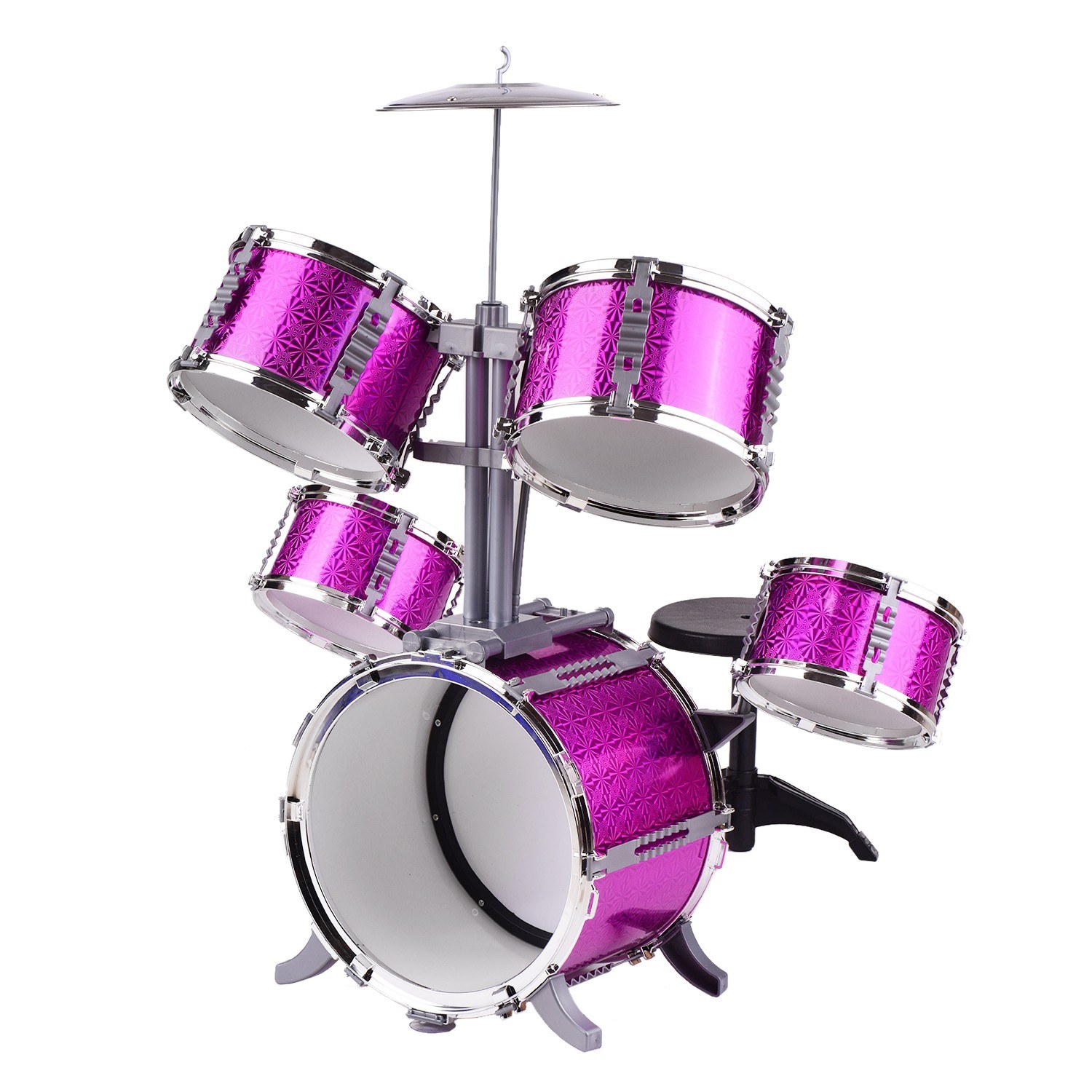 Musical Educational Percussion Instrument Kids Children Jazz Drum Toy Playset 5 Piece Drums with Cymbal Drumsticks Adjustable Stool Single Beater