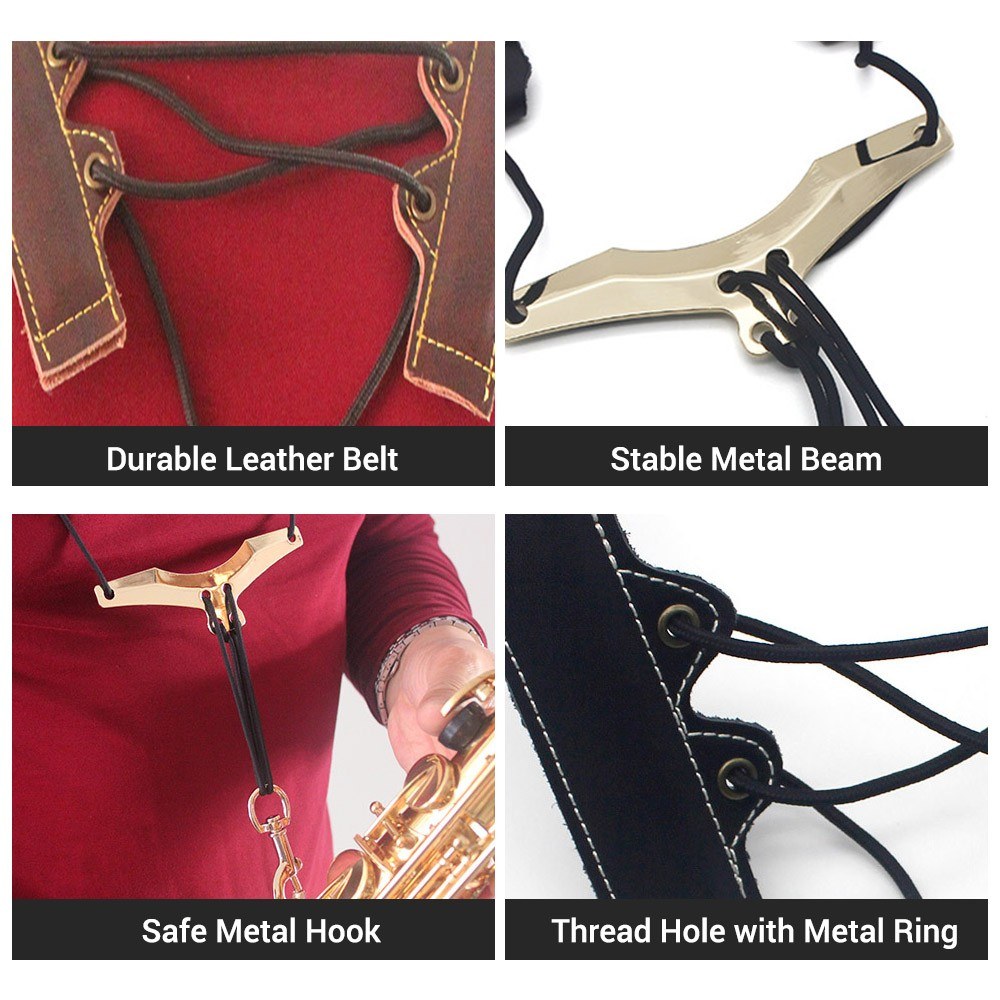 Adjustable Saxophone Shoulder Strap Sax Leather Strap for Alto/Tenor/Soprano Saxophones