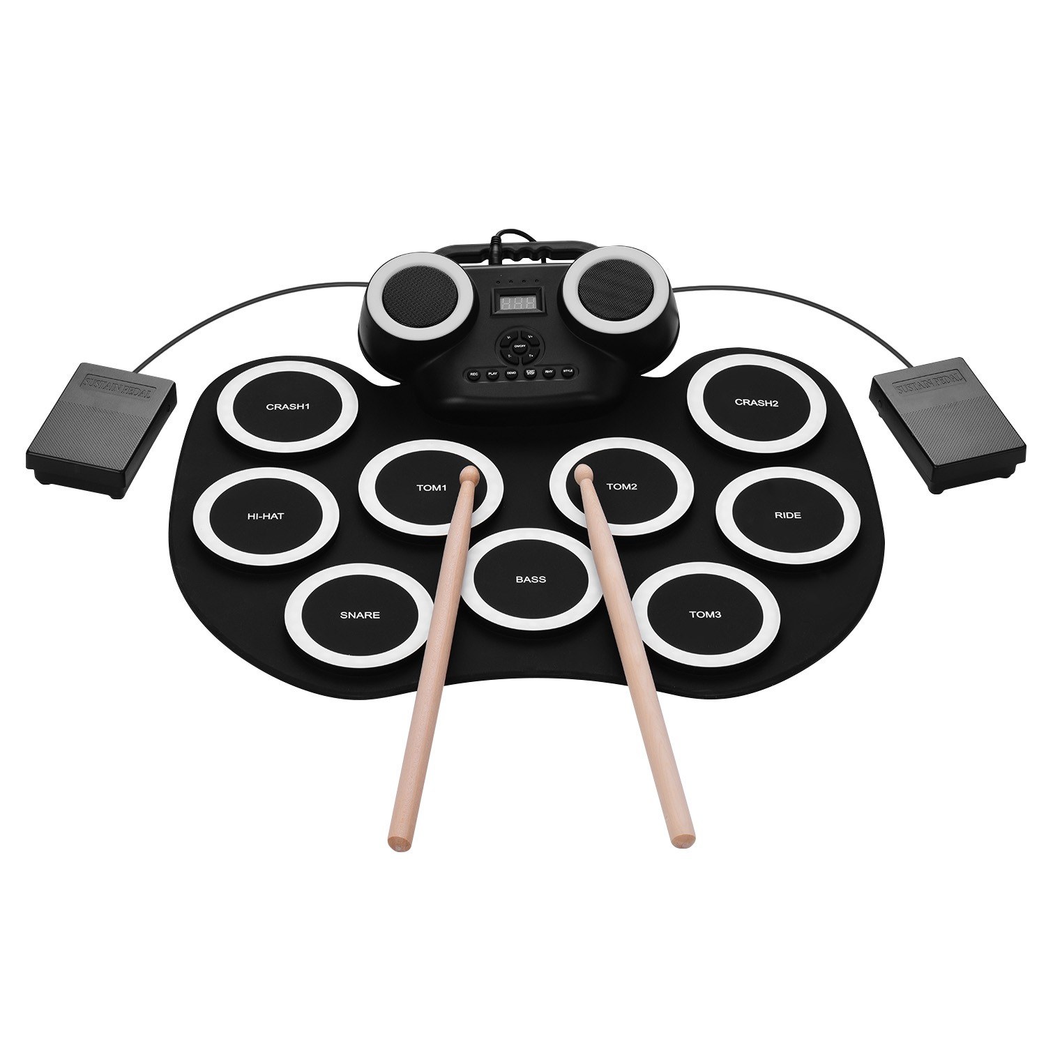 Portable Roll-up Electronic Drum Pad Silicon Digital Drum with Built-in Speakers Foot Pedals Headphone Monitoring Built-in Battery