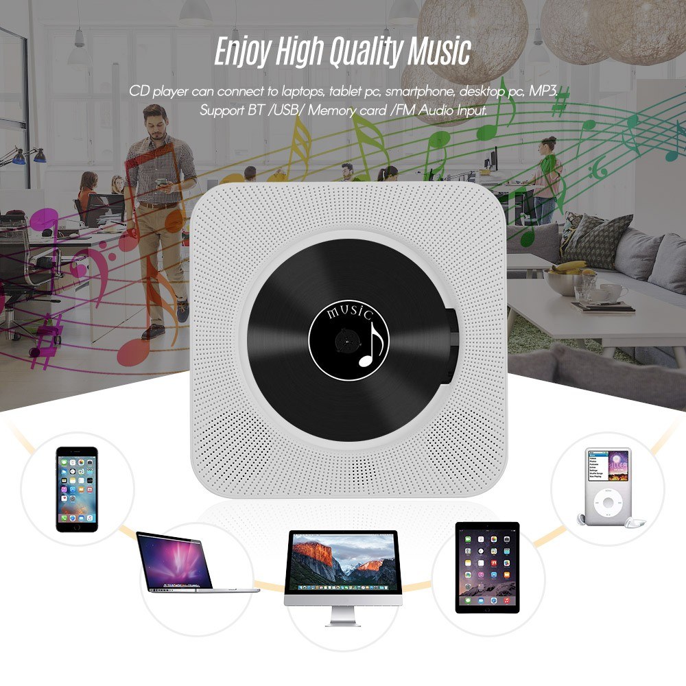 Wall Mounted CD Players with LED Display Portable Music Audio Boombox Remote Control Support BT/ USB/ Memory Card/ FM Modes