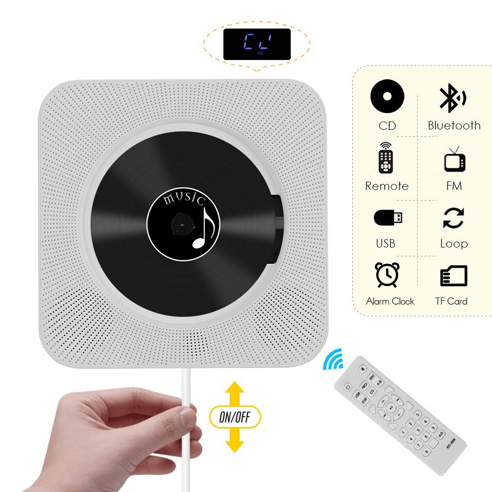 Wall Mounted CD Players with LED Display Portable Music Audio Boombox Remote Control Support BT/ USB/ Memory Card/ FM Modes