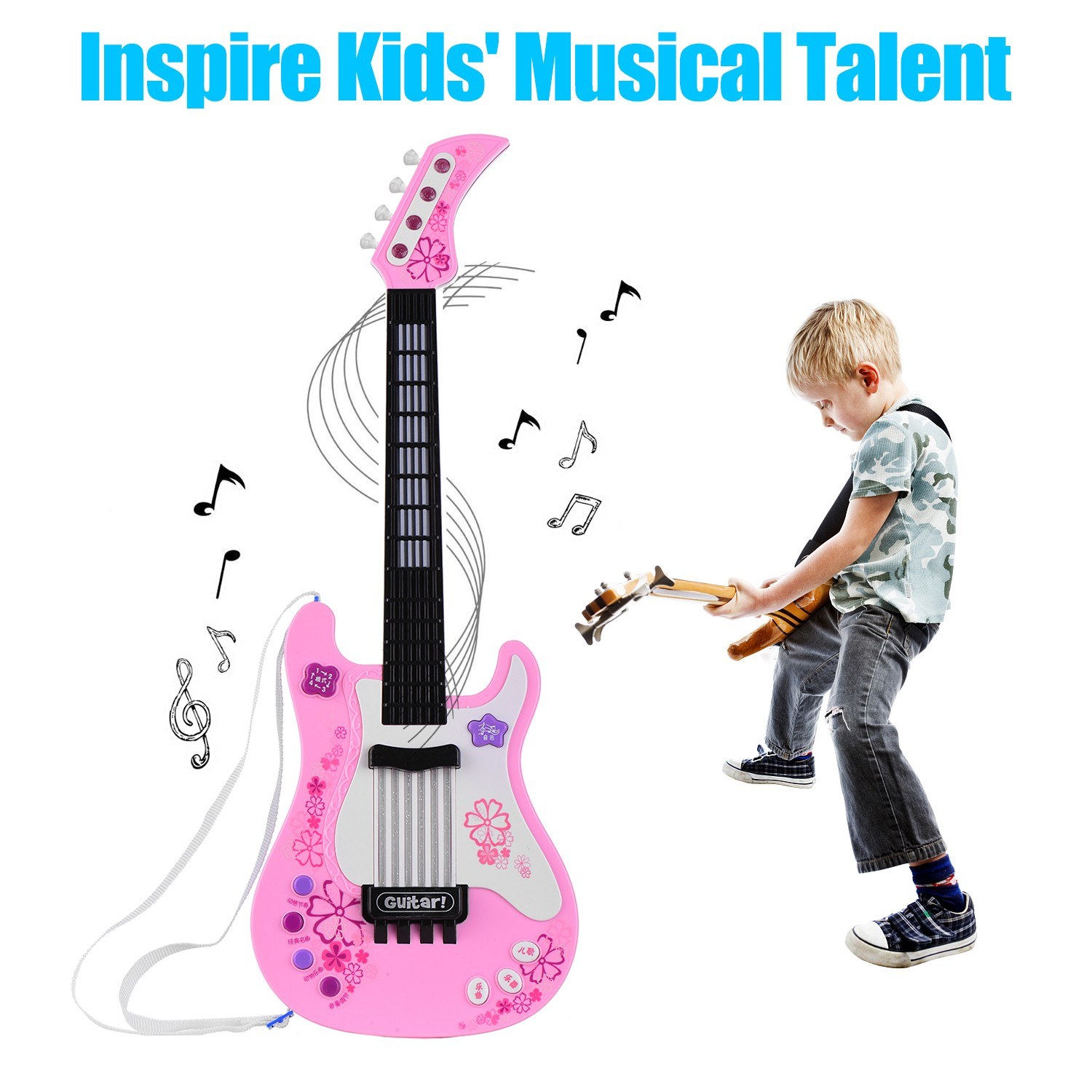 Kids Little Guitar with Rhythm Lights and Sounds Fun Educational Musical Instruments Electric Guitar Toy for Toddlers Children Boys and Girls Pink