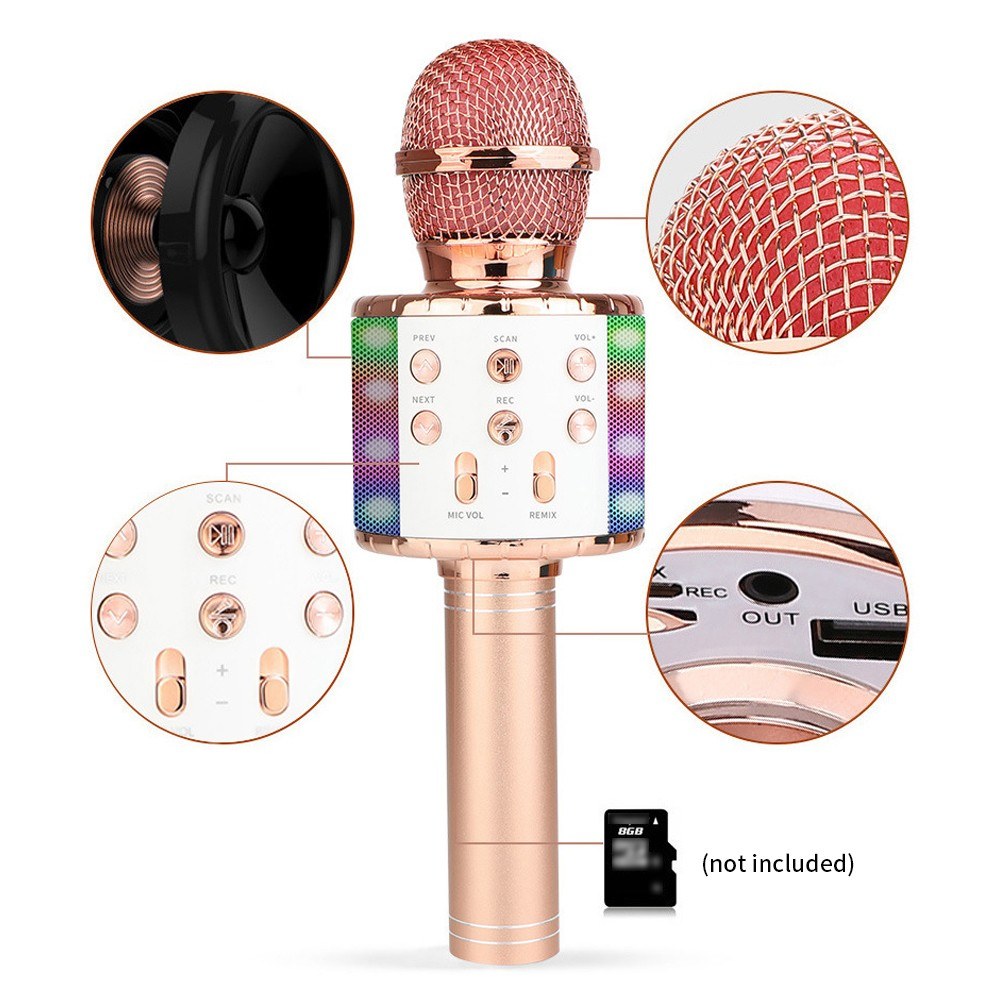 Portable Wirelessly BT Microphone with controllable LEDs Lights 3 in 1 Multifunctional Handheld KTV Mic Speaker Machine Gifts