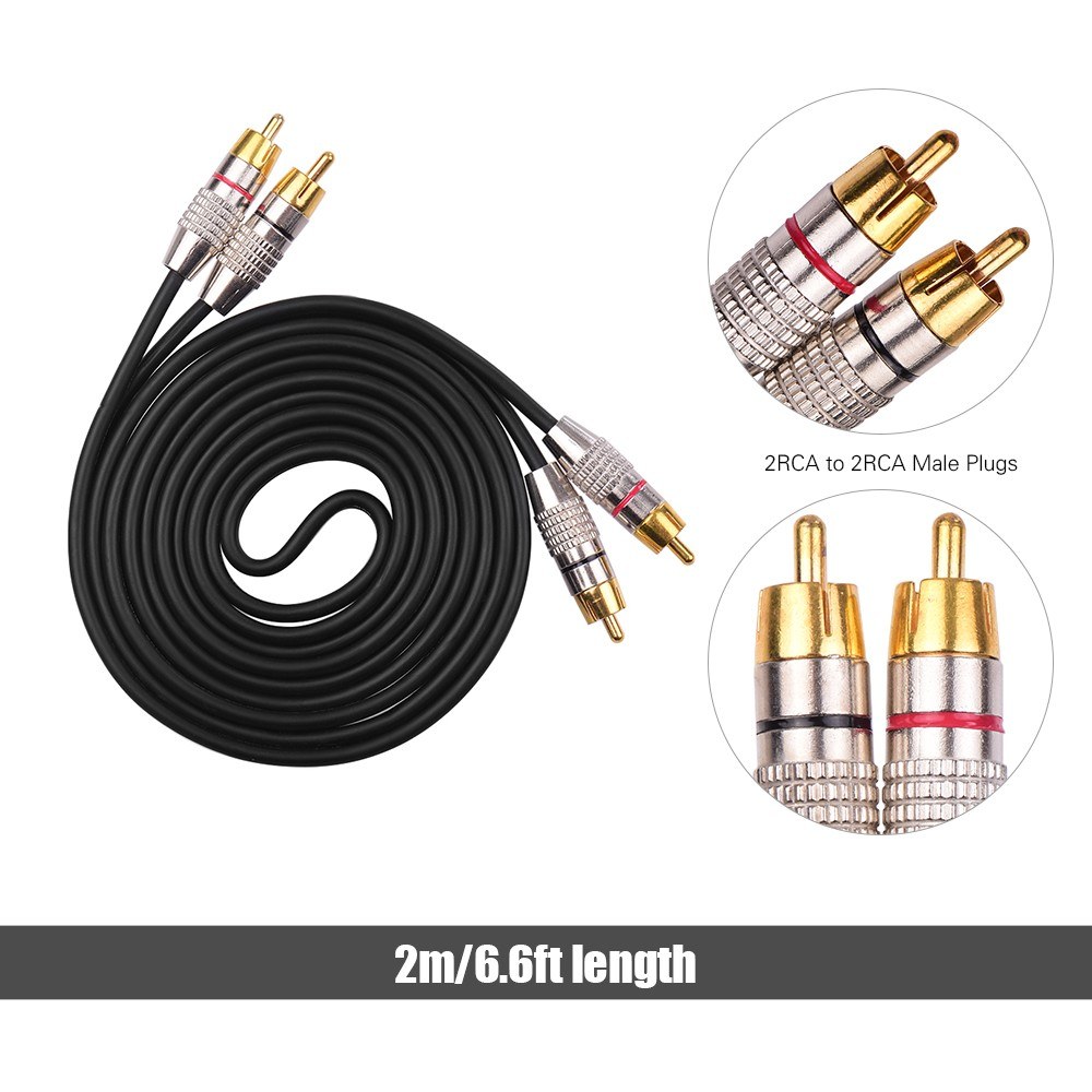 Audio Video Connecting Wires 2RCA to 2RCA Stereo Audio Cable Shielded RCA Cords 24K Gold-Plated Compatible with Speaker Amplifier Karaoke DVD Home Theater Black 2m