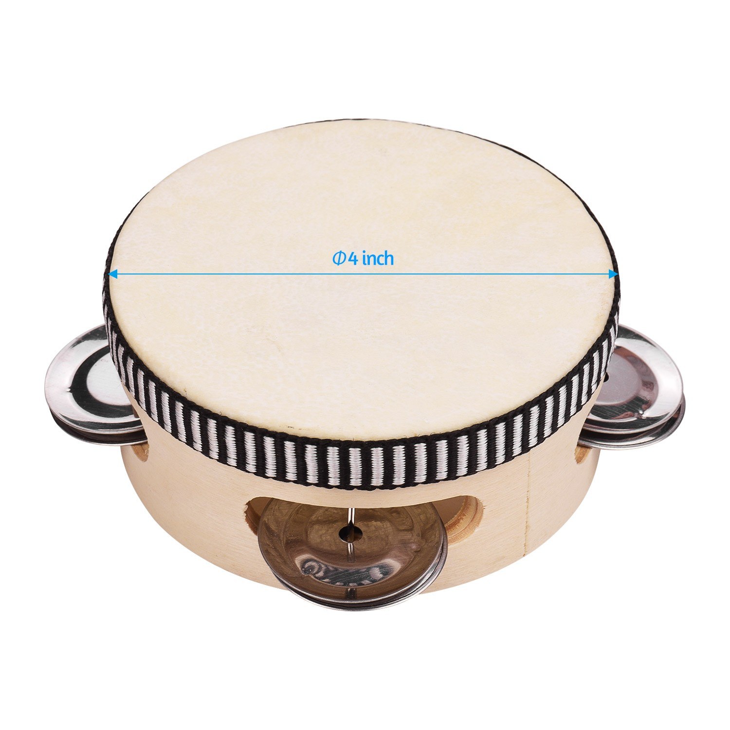 4 Inch Wooden Hand Tambourine with Metal Single Row Jingles Sheepskin Drum Skin Tambourines Entertainment Musical Timbrel for Adults Kids Dancine Singing Party