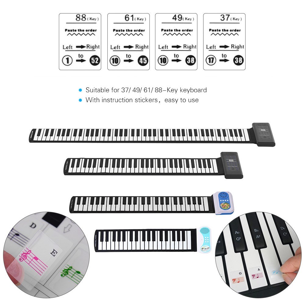 Removable Piano Keyboard Stickers for 37/ 49/ 61/ 88 Keys Keyboards Transparent with Musical Stave for Kids Beginners Piano Learning Practice