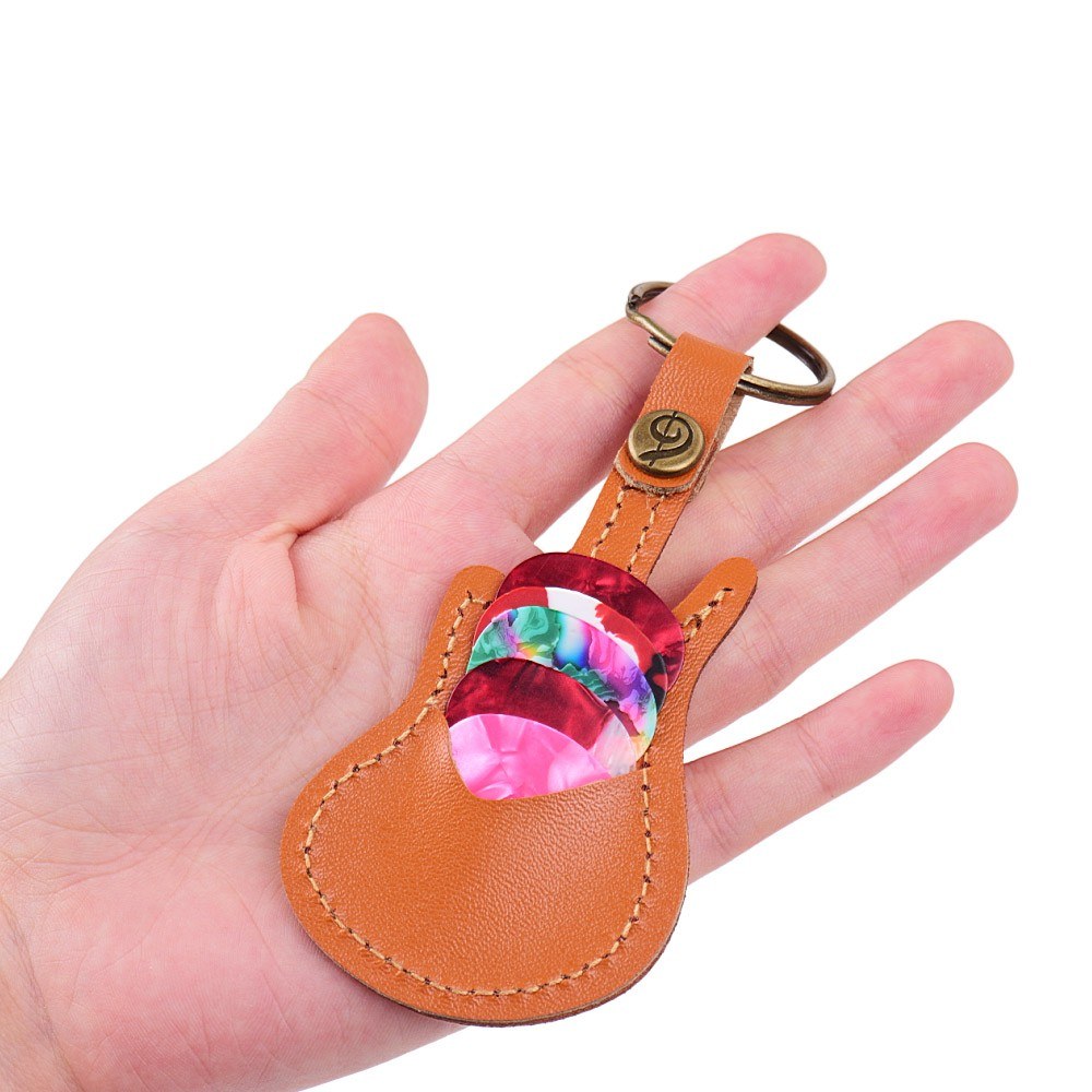 Leather Guitar Picks Holder Case Bag Guitar Shape with Key Ring 5pcs Celluloid Guitar Picks String Instrument Accessories