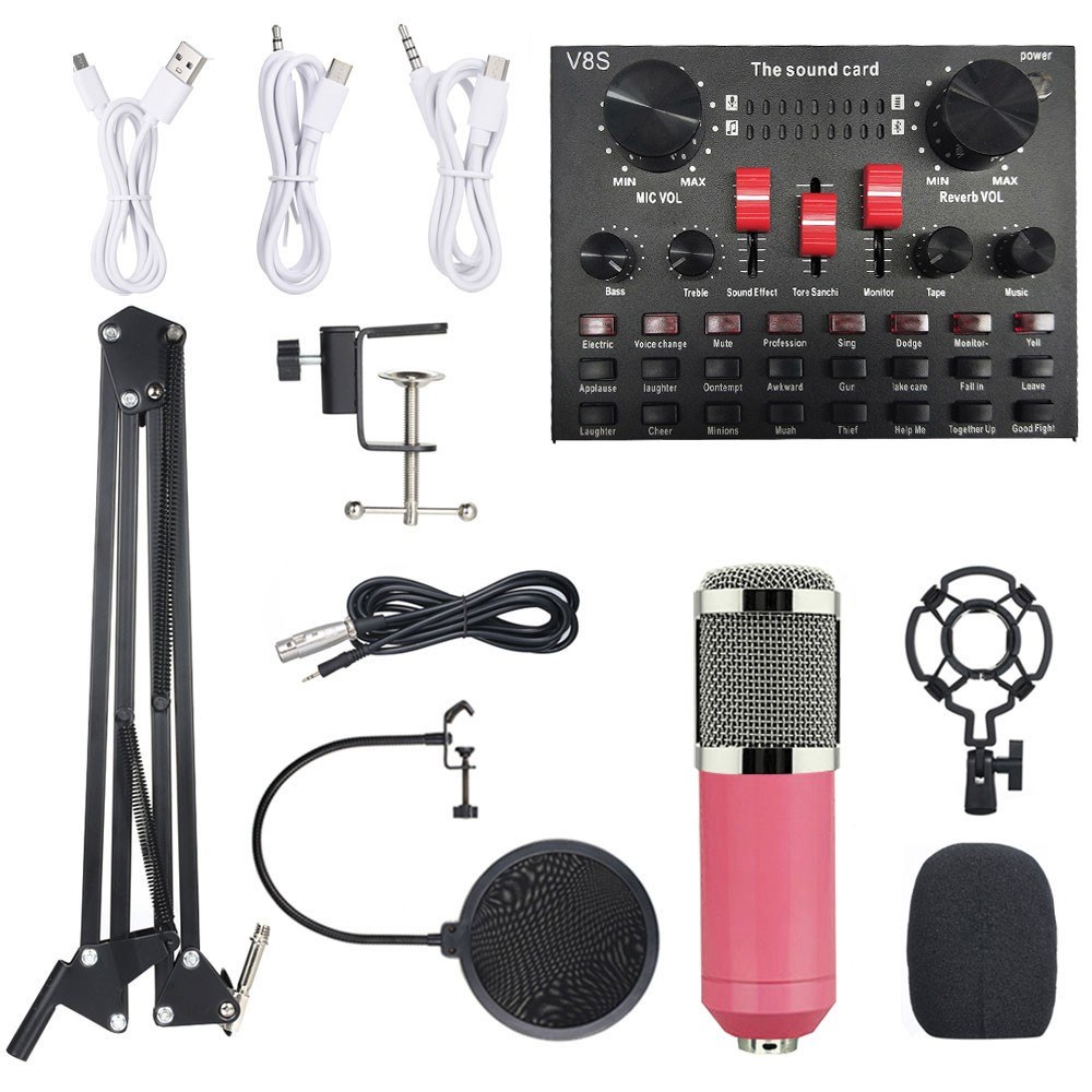 Multi-functional Live Sound Card BM800 Microphone Set Audio Recording Equipments (Pink & Silver)