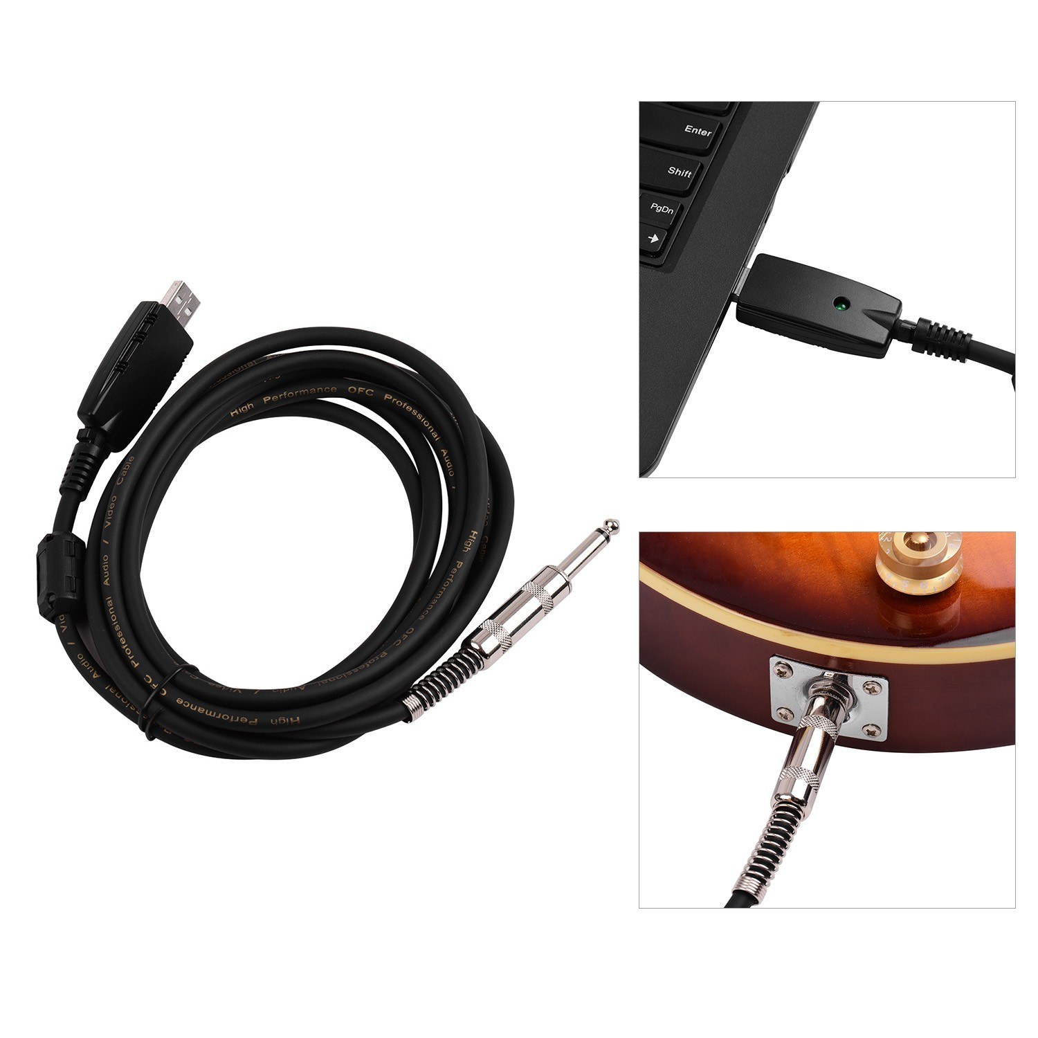 USB Guitar Andio Cable USB Male Interface to 6.35mm (1/4inch) Mono Electric Guitar Connection Cable Professional Guitar to PC USB Link Recording Cable