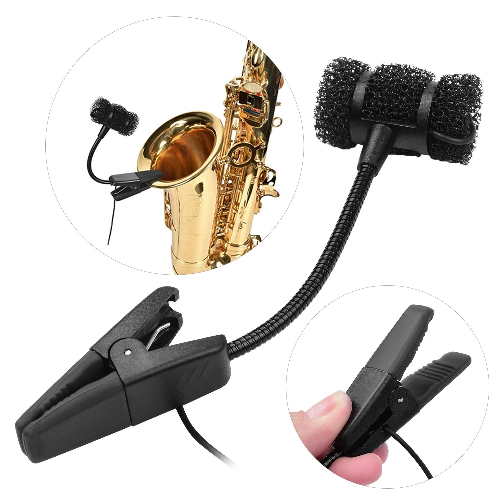 Wired Saxophone Microphone Clip-on Musical Instrument Condenser Mic 3.5mm Plug with 6.35mm Conversion Plug for Horns Trumpets Clarinets Saxophones