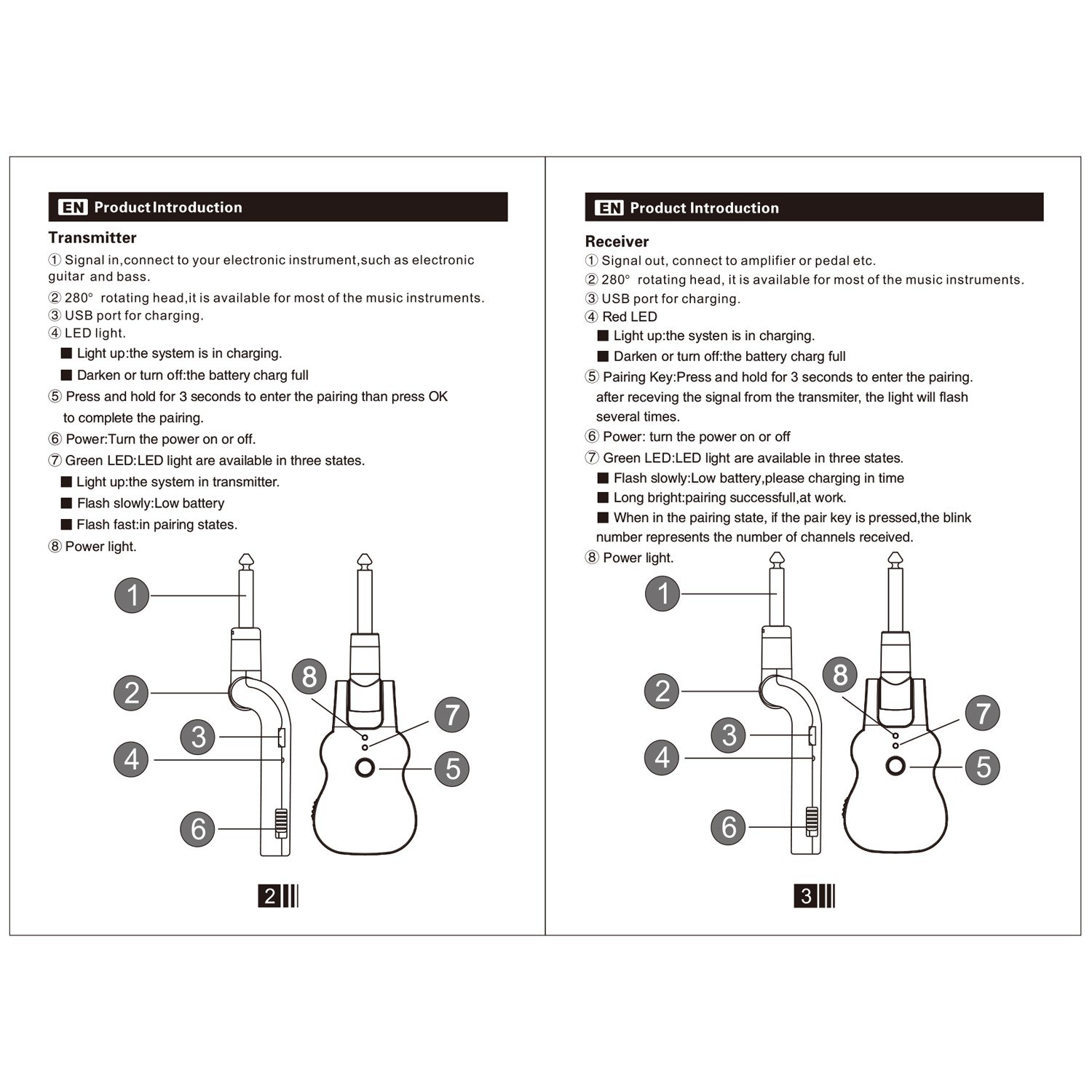 UHF Wireless Audio Transmitter Receiver System USB Rechargeable Pick Up for Electric Guitar Bass Musical Instrument Accessory