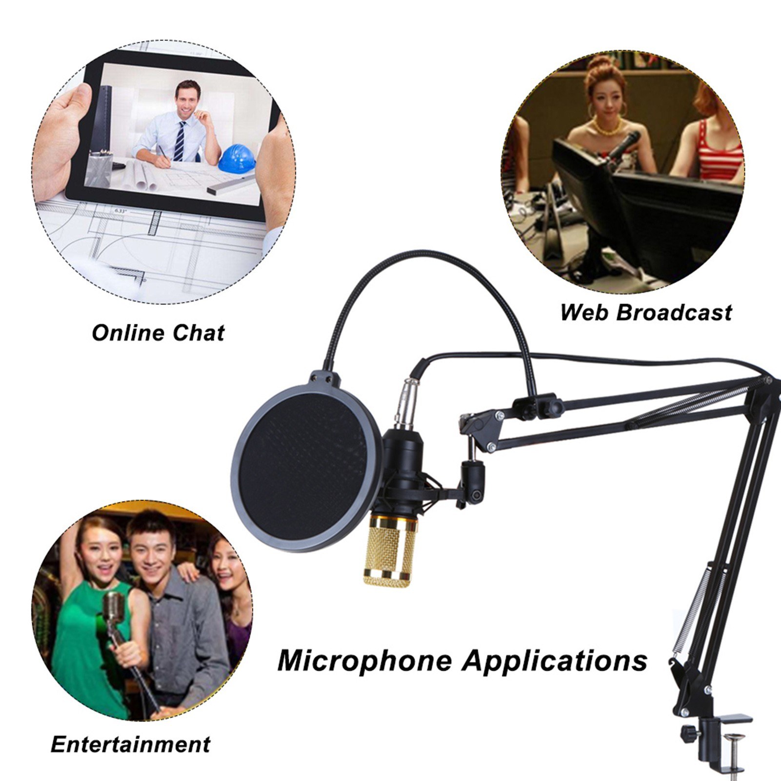 Multifunctional Live Sound Card & BM800 Suspension Microphone Kit Broadcasting Recording Condenser Microphone Set Intelligent Volume Adjustable Audio Mixer Sound Card