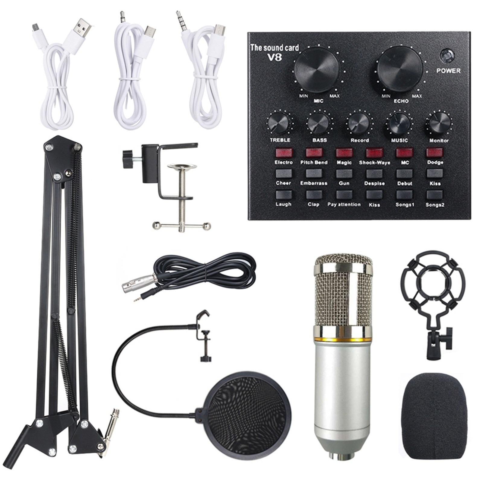 Multifunctional Live Sound Card & BM800 Suspension Microphone Kit Broadcasting Recording Condenser Microphone Set Intelligent Volume Adjustable Audio Mixer Sound Card