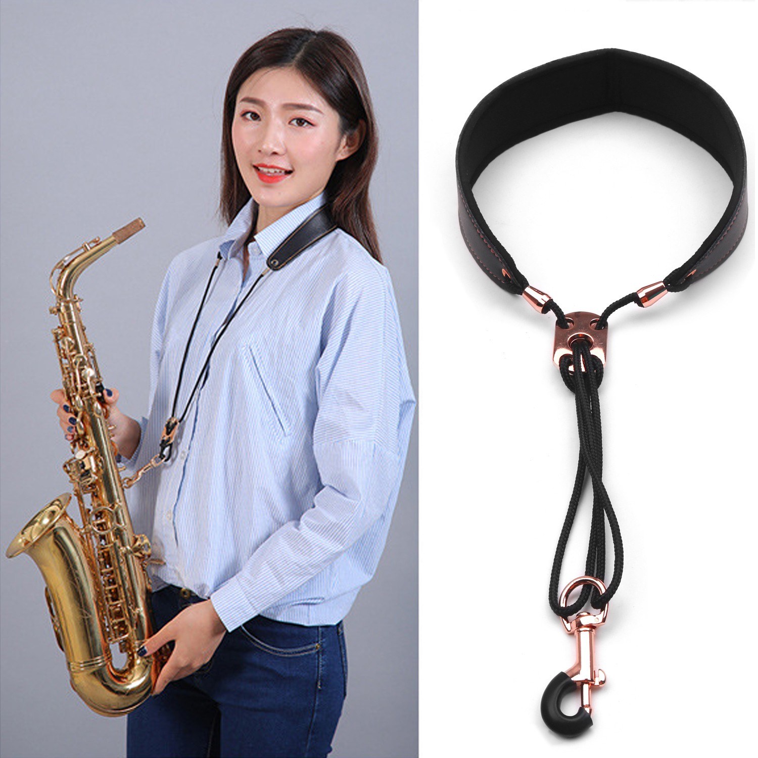 Adjustable Saxophone Neck Strap Leather Sax Strap Metal Hook for Tenor/ Soprano/ Alto Saxophones Clarinet