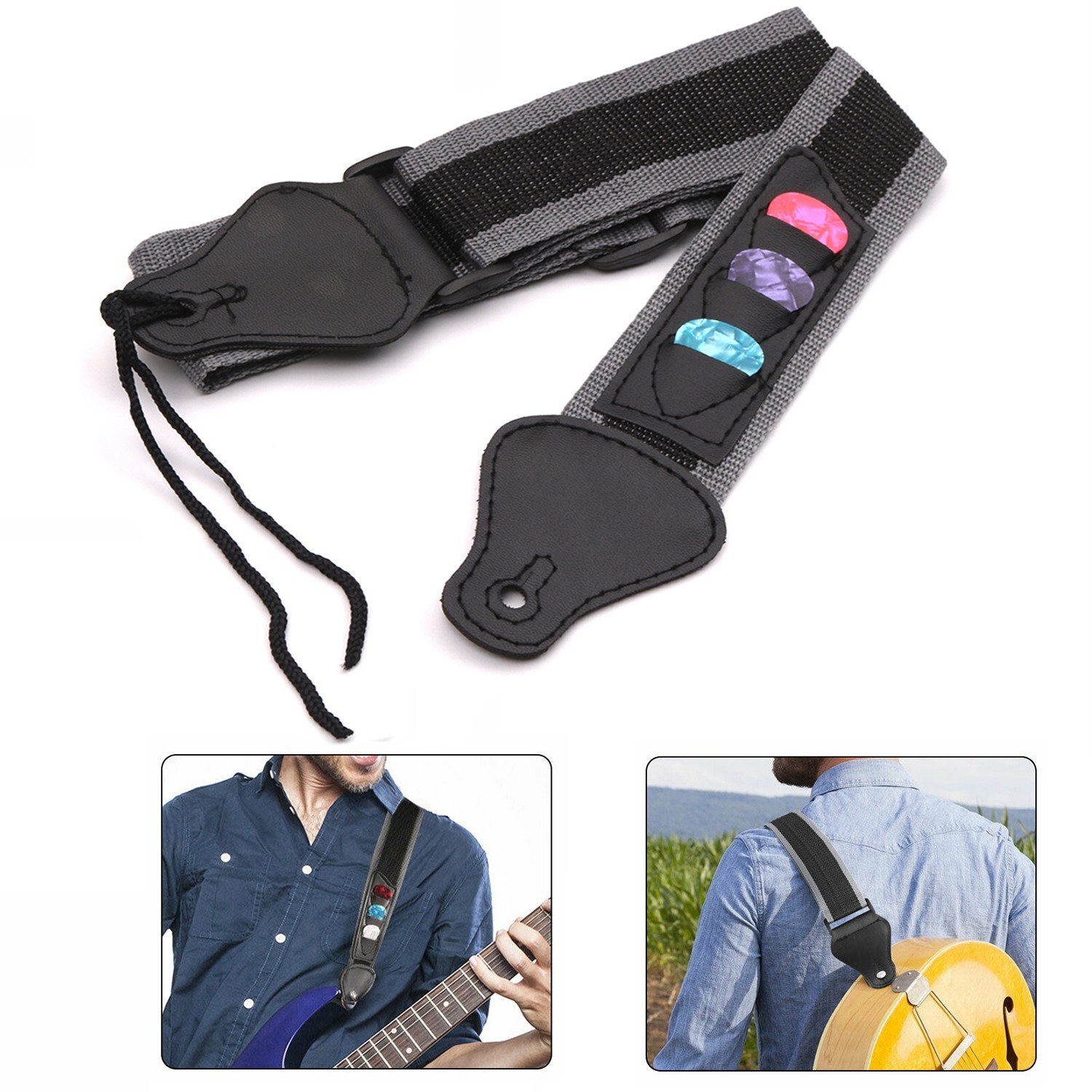 Adjustable Electric /Acoustic Guitar Bass Shoulder Strap with 3 Guitar Pick Holders Braided Nylon Belt PU Leather Ends +3pcs Celluloid Picks