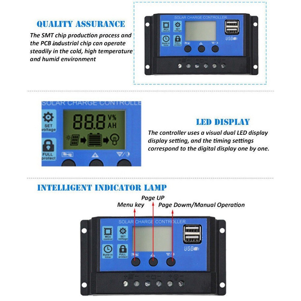 10A Solar Charge Controller, Solar Panel Controller 12V/24V Adjustable LCD Display Solar Panel Battery Regulator with Dual USB Port