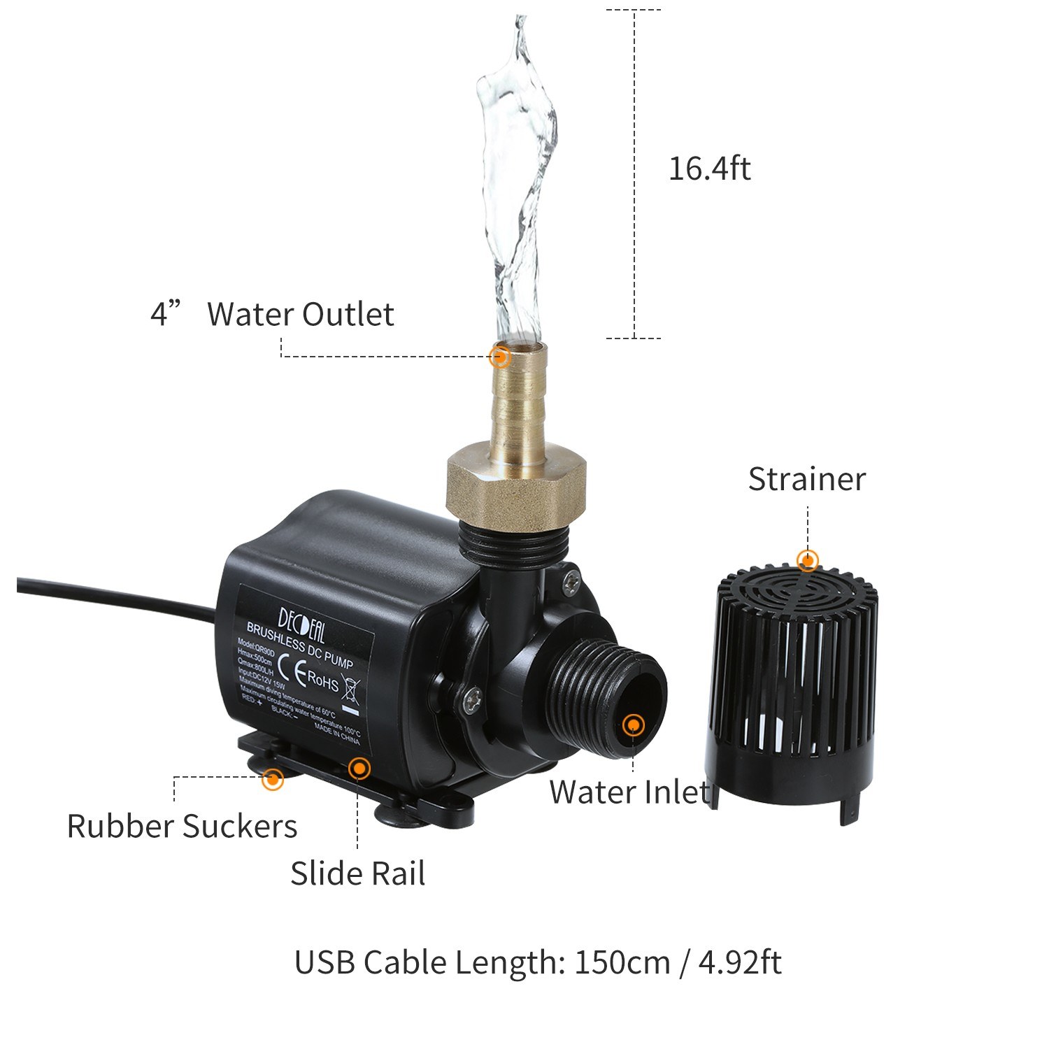  Brushless Water Pump Ultra-quiet DC12V Micro Brushless Water Pump Waterproof Submersible Pump for Fountain Aquarium Pond Circulating 800L/H 15W Lift 16.4ft with Fastening Hoop 4