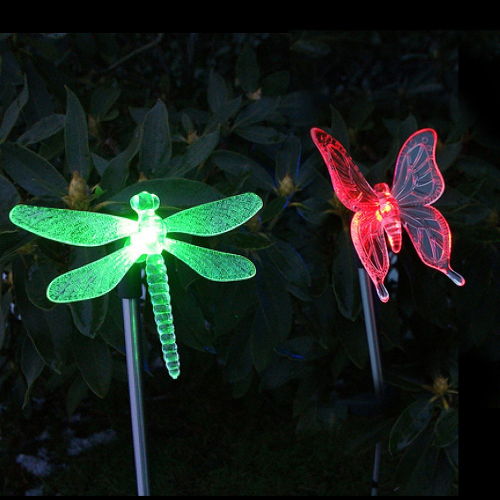 2 Pack LED Solar Garden Stake Light Multi Color-Changing Butterfly, Dragonfly Garden Decor Figurines Lights Outdoor Landscape Lighting for Path, Yard, Lawn, Patio