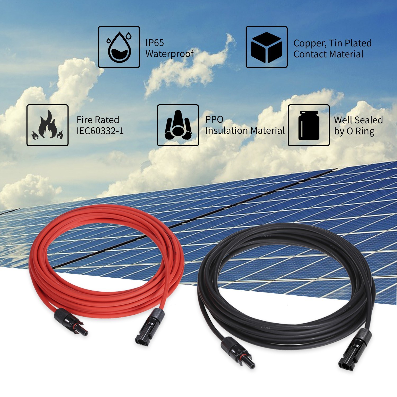 1 Pair 25/40/50/60/100 Feet Black + Red 10AWG Solar Panel Extension Cable Wire with Waterproof MC4 Female and Male Connector Solar Panel Adaptor Kit Tool