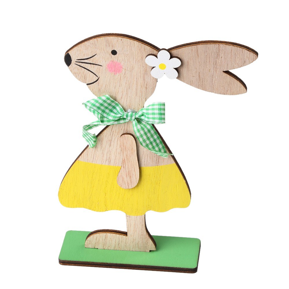 1PC Wooden Ornaments Rabbits Bunny Table Stand Tags With Easter Egg Ribbon DIY Wood Crafts for Home Decorations Easter Party Favors