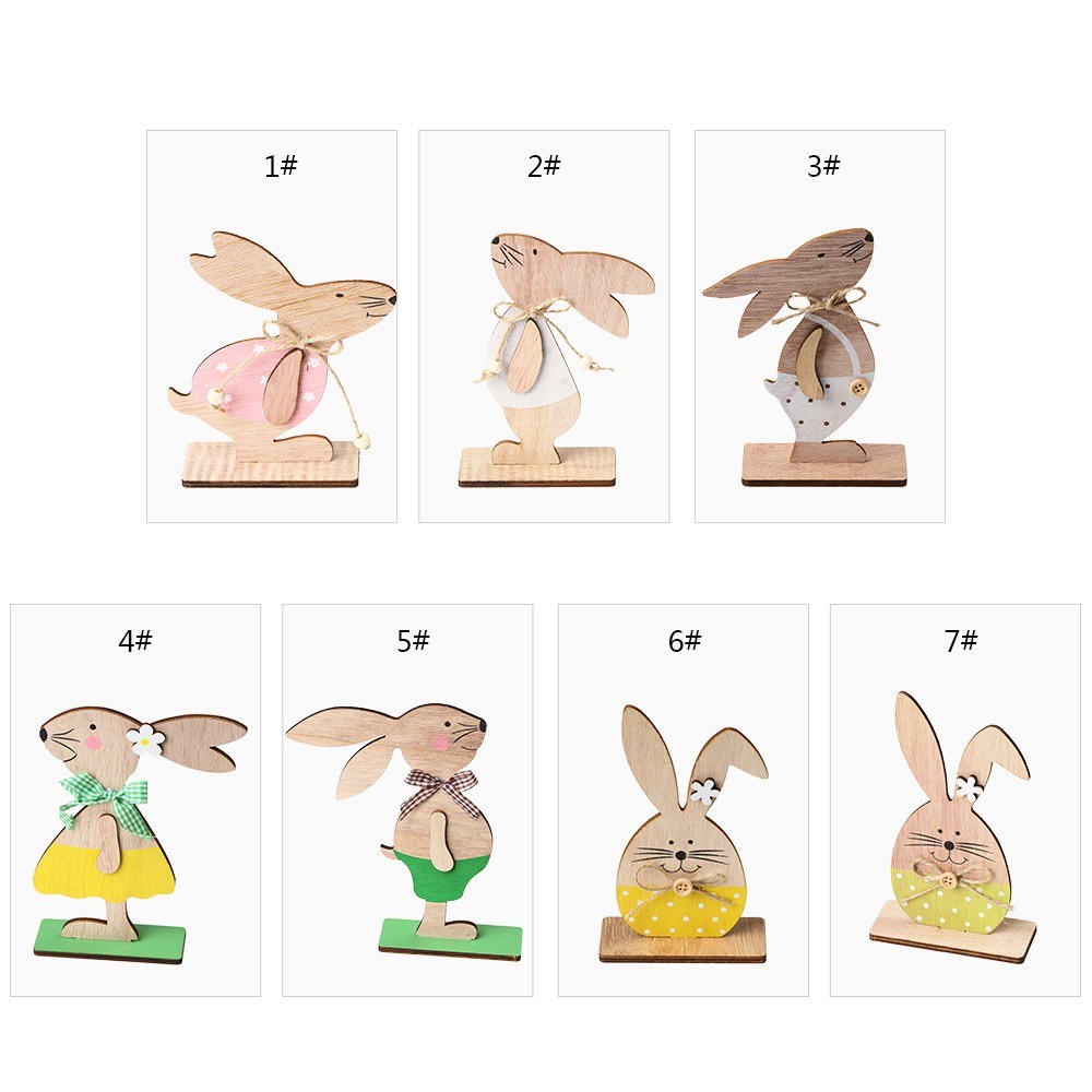 1PC Wooden Ornaments Rabbits Bunny Table Stand Tags With Easter Egg Ribbon DIY Wood Crafts for Home Decorations Easter Party Favors