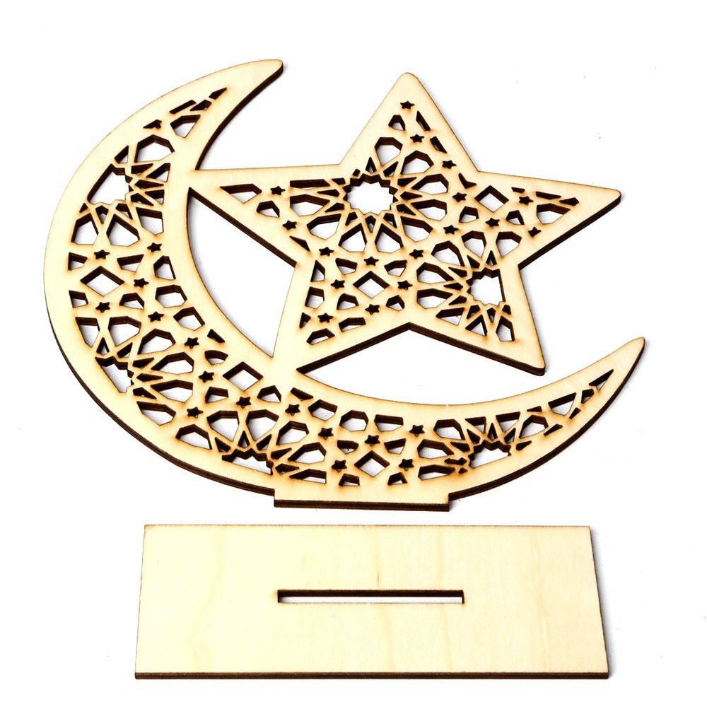 Wooden Stand Sign Islam Eid Mubarak Ramadan Moon & Star DIY Art Craft Table Ornament Home Desktop Decoration