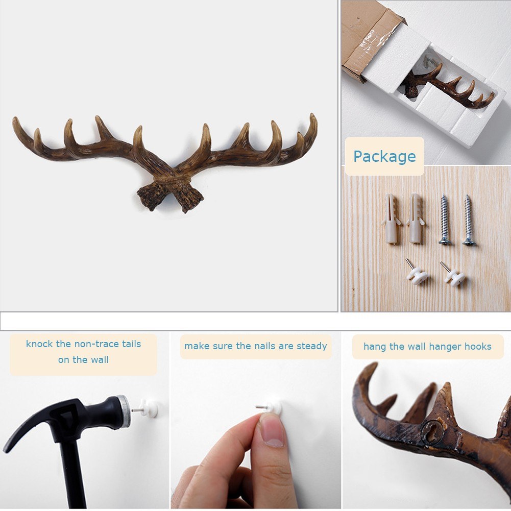 Vintage Deer Antlers Wall Hooks Antique Finish Resin Clothes Keys Hanger Rack Hooks Include 2 types Screws Light and Dark Color Available