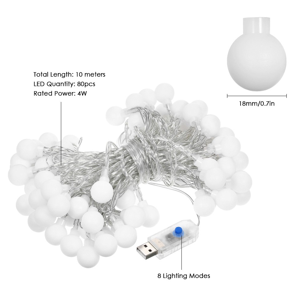 USB Operated Remote 10m LED Globe String Lights 3000K Warm White Dimmable LED String Lights with 8 Lighting Mode & Timer Function with Remote Control