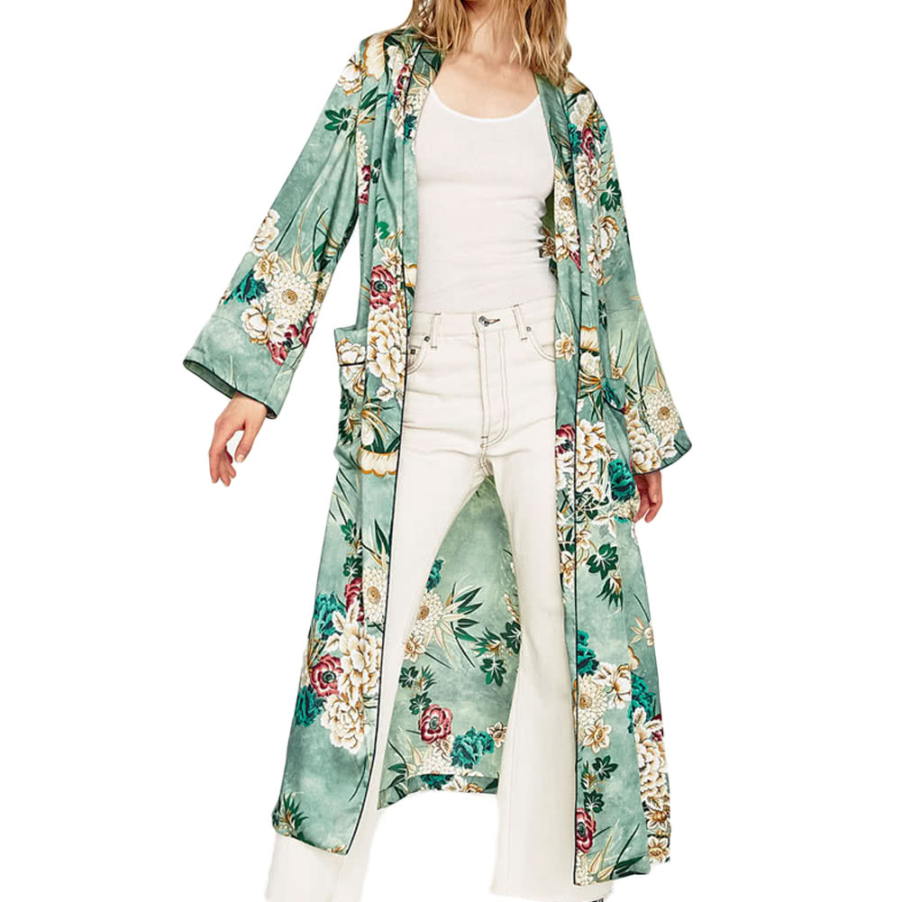 Vintage Women Retro Floral Print Long Kimono Coat