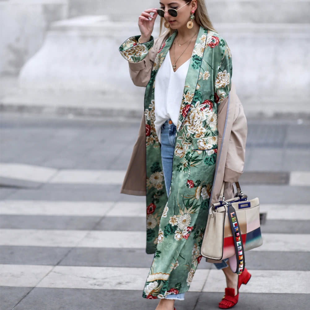 Vintage Women Retro Floral Print Long Kimono Coat