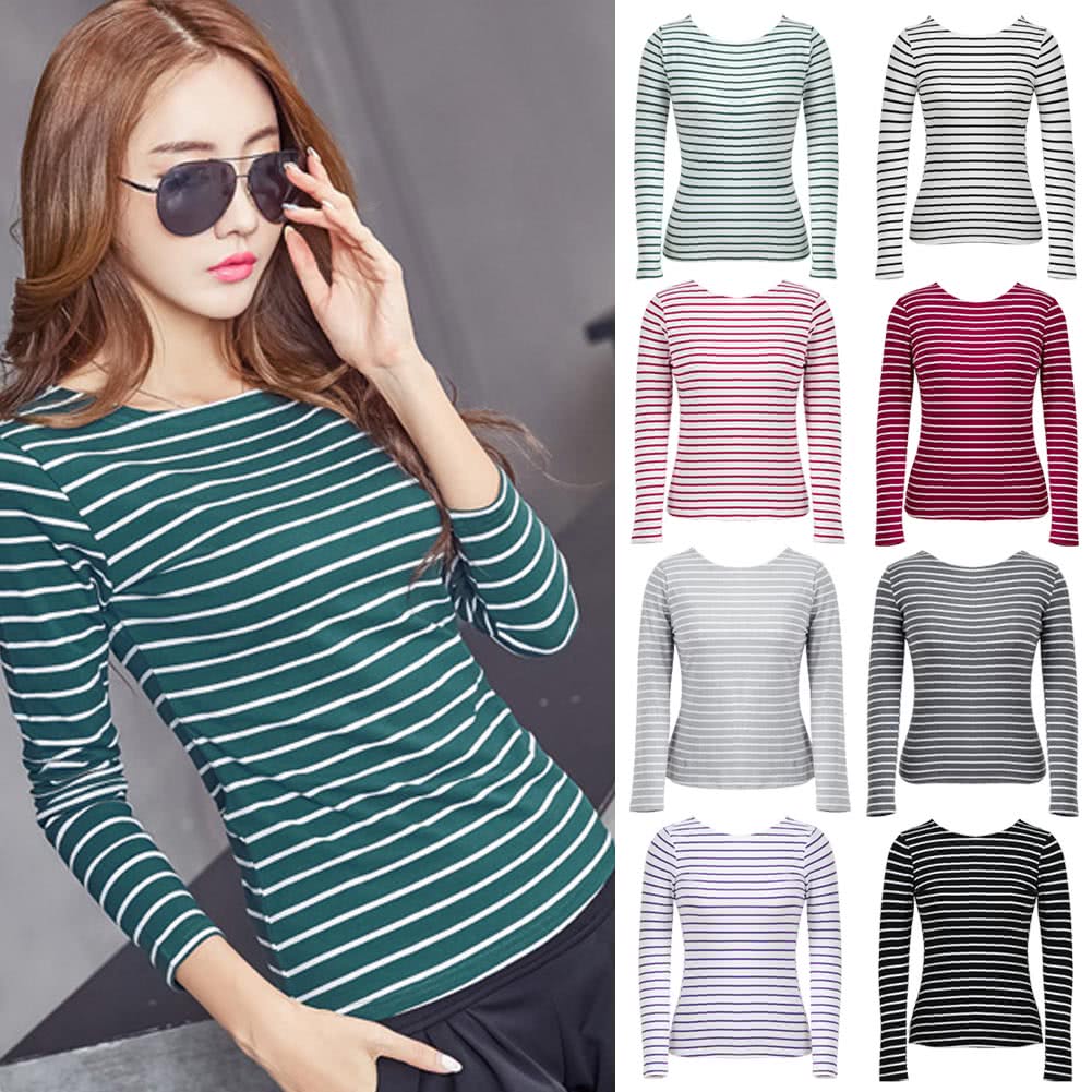 Women Striped T-Shirt Long Sleeves O Neck Vintage