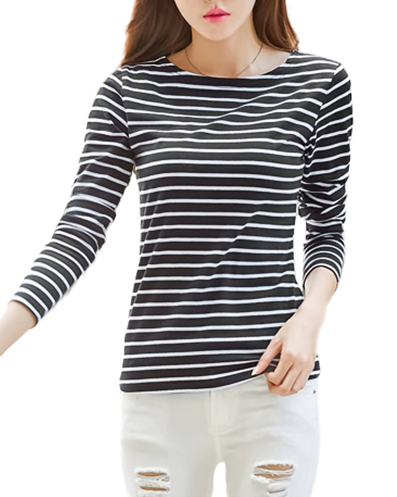 Women Striped T-Shirt Long Sleeves O Neck Vintage