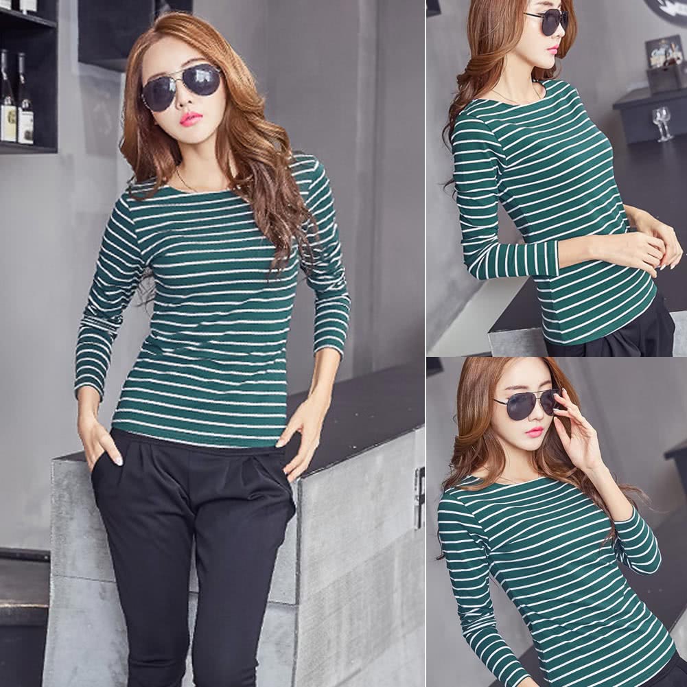 Women Striped T-Shirt Long Sleeves O Neck Vintage