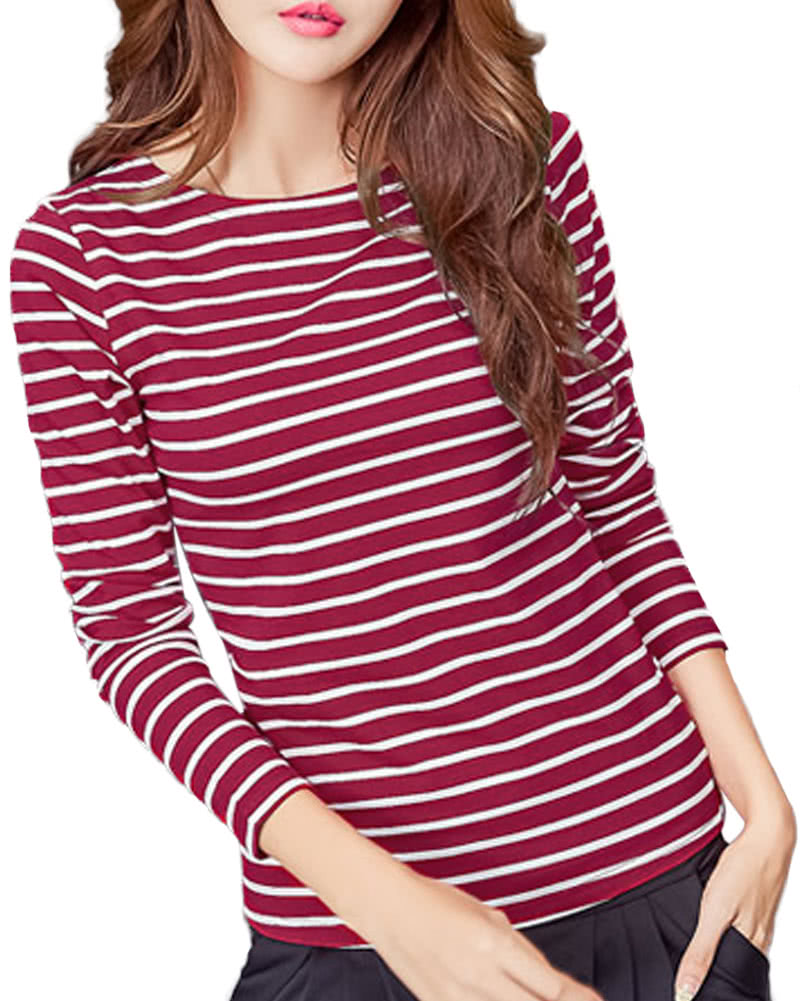 Women Striped T-Shirt Long Sleeves O Neck Vintage