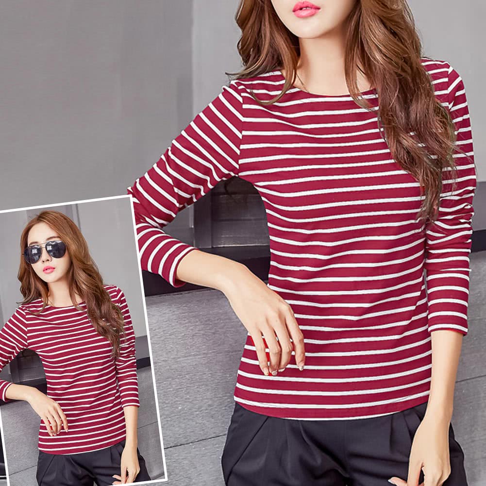 Women Striped T-Shirt Long Sleeves O Neck Vintage