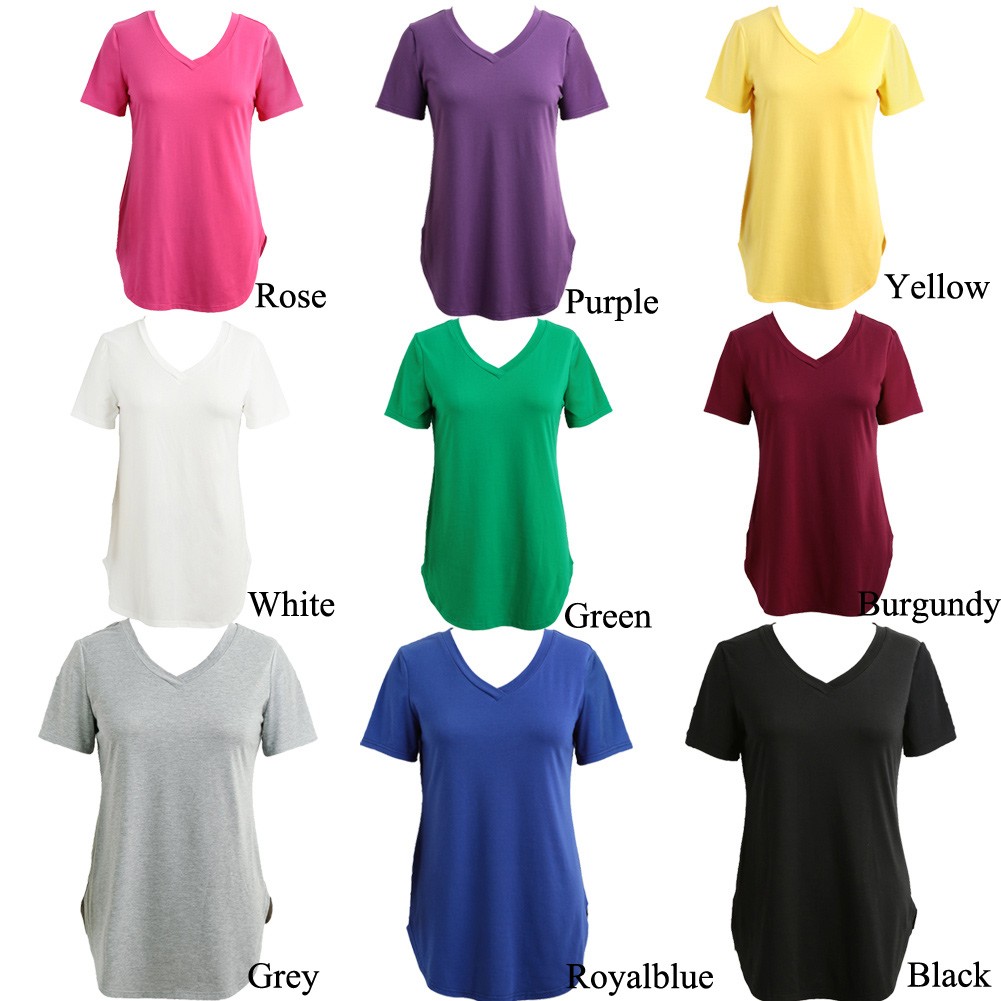 New Fashion Women T-shirt Solid Color V Neck Short