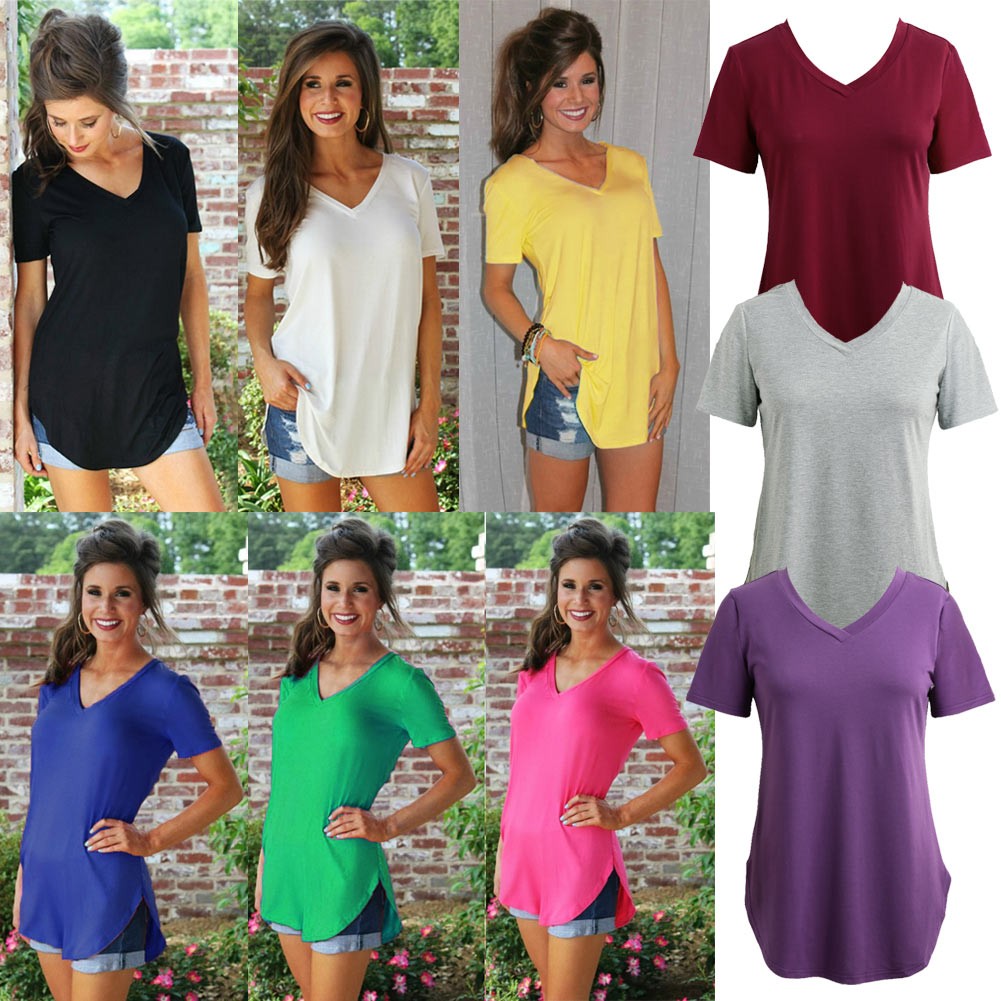 New Fashion Women T-shirt Solid Color V Neck Short