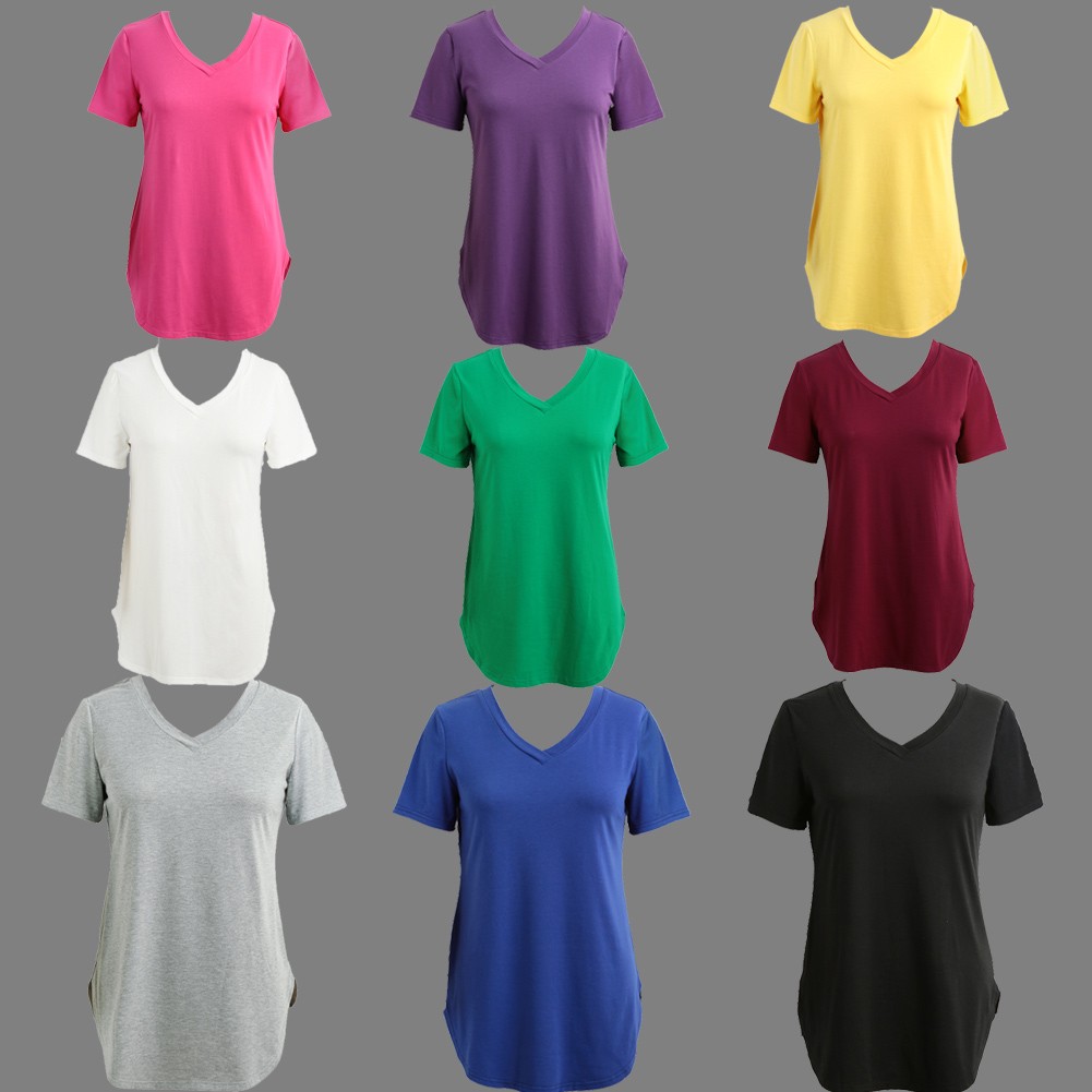 New Fashion Women T-shirt Solid Color V Neck Short