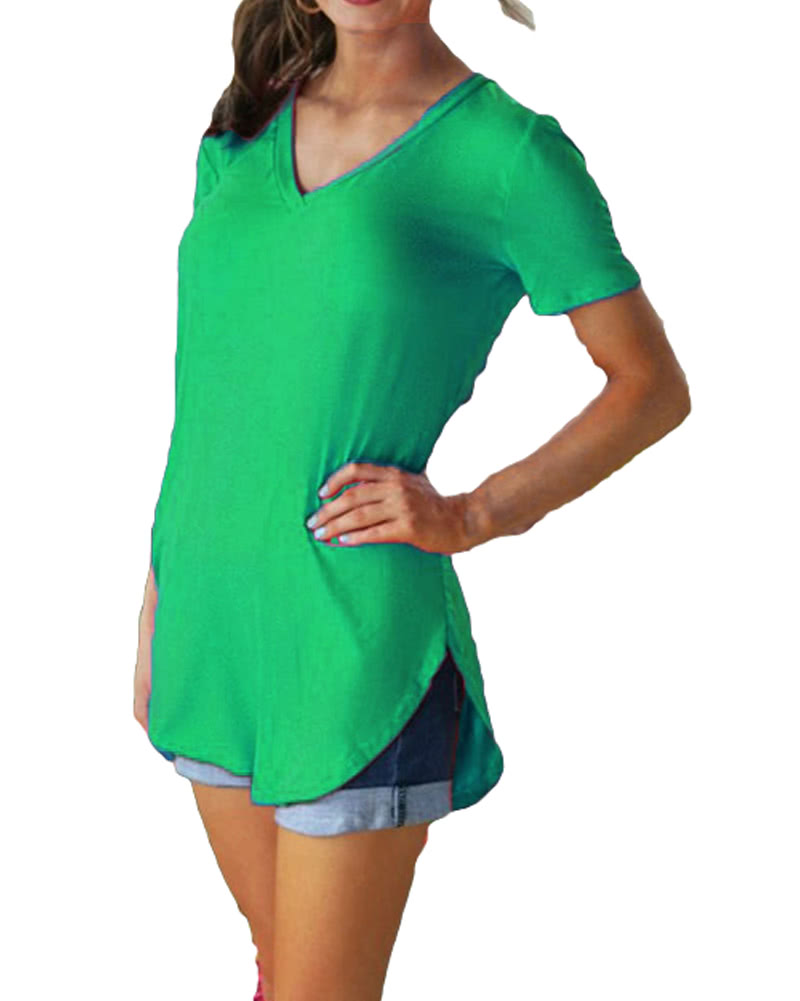 New Fashion Women T-shirt Solid Color V Neck Short