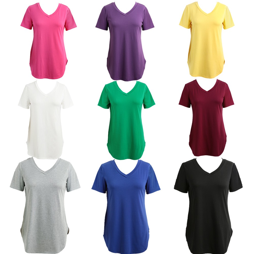 New Fashion Women T-shirt Solid Color V Neck Short