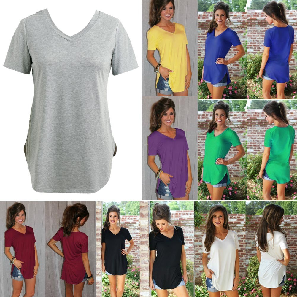 New Fashion Women T-shirt Solid Color V Neck Short