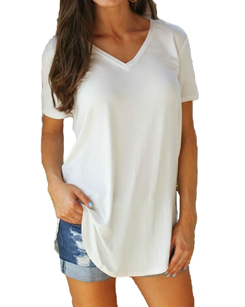 New Fashion Women T-shirt Solid Color V Neck Short