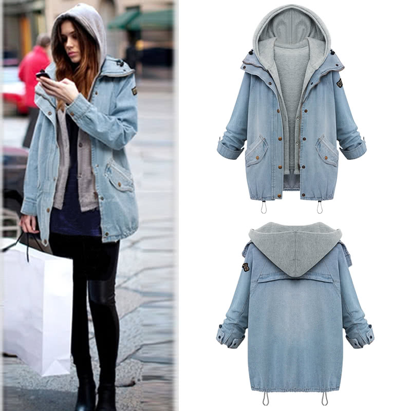 Fashion Women Two Piece Set Denim Jacket Hooded