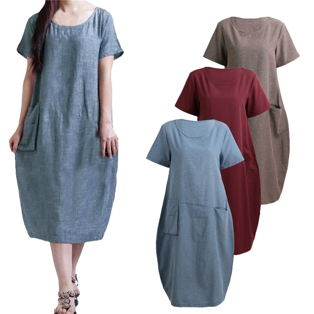 Fashion Women Casual Loose Dress Solid Color Short