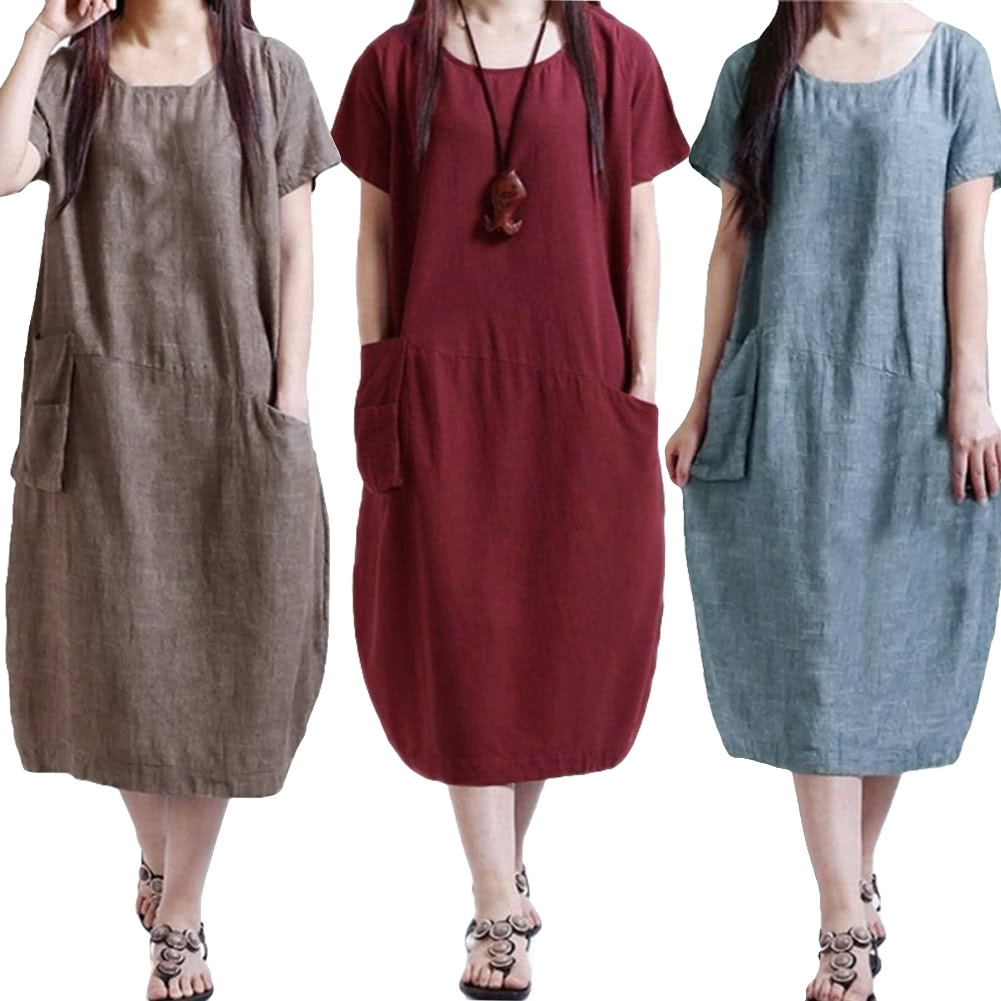 Fashion Women Casual Loose Dress Solid Color Short