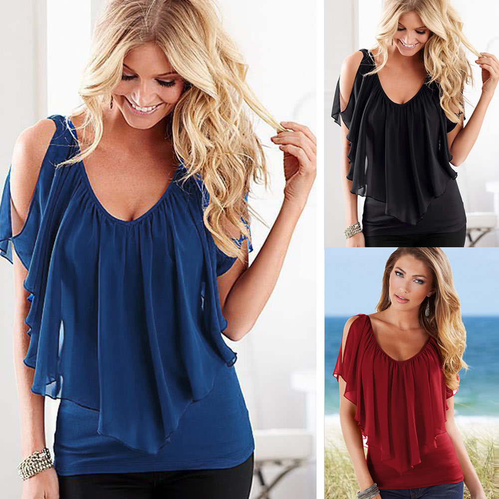 Sexy Women Blouse V Neck Cold Shoulder Ruffles