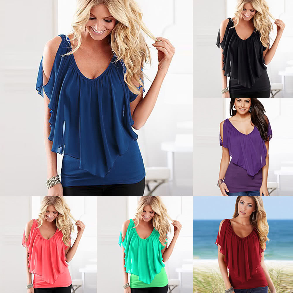 Sexy Women Blouse V Neck Cold Shoulder Ruffles