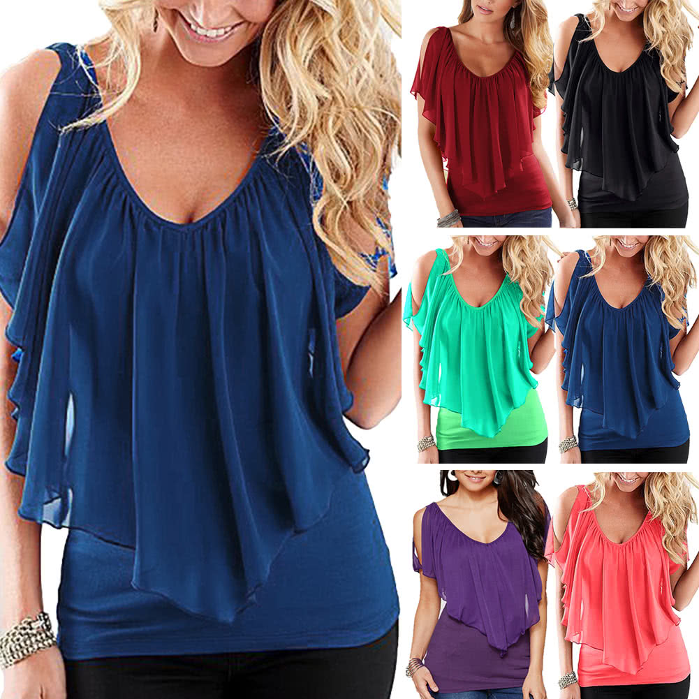 Sexy Women Blouse V Neck Cold Shoulder Ruffles