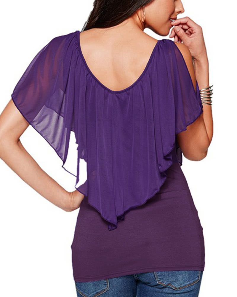 Sexy Women Blouse V Neck Cold Shoulder Ruffles