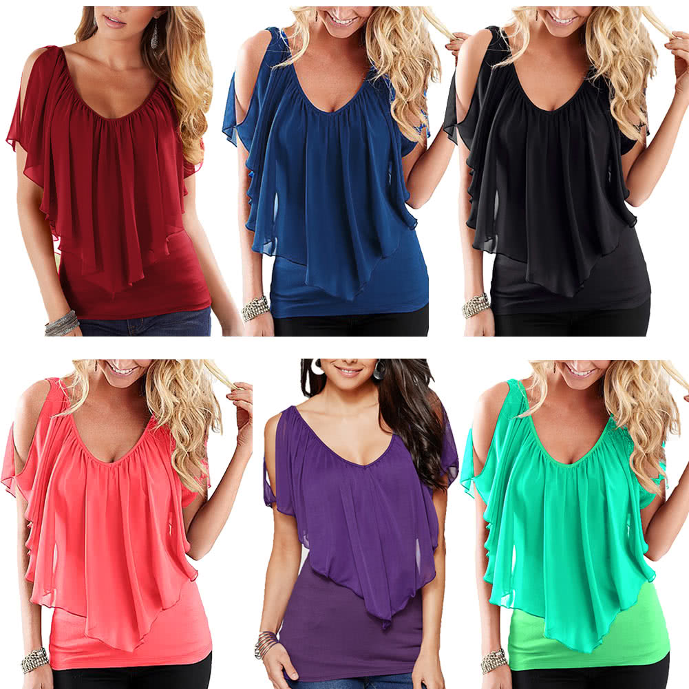 Sexy Women Blouse V Neck Cold Shoulder Ruffles